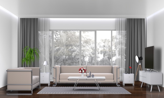 interior living room with sofa, plant, lamp, smart tv., 3d render