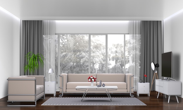 PSD interior living room with sofa, plant, lamp, smart tv., 3d render