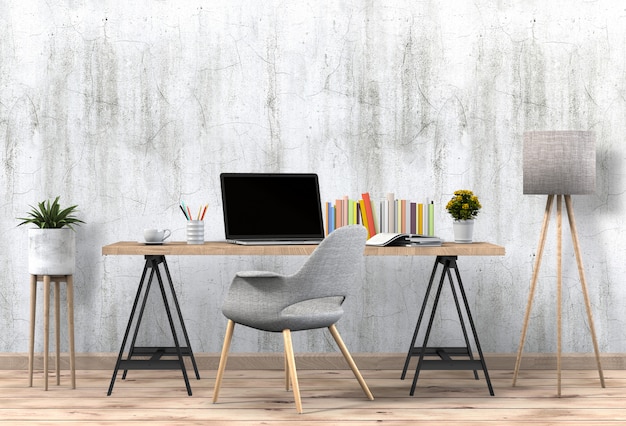 Interior living room workspace with desktop computer and mockup blank poster