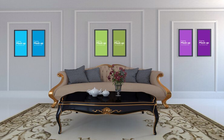 PSD interior luxury living room with red sofa and frames mockup