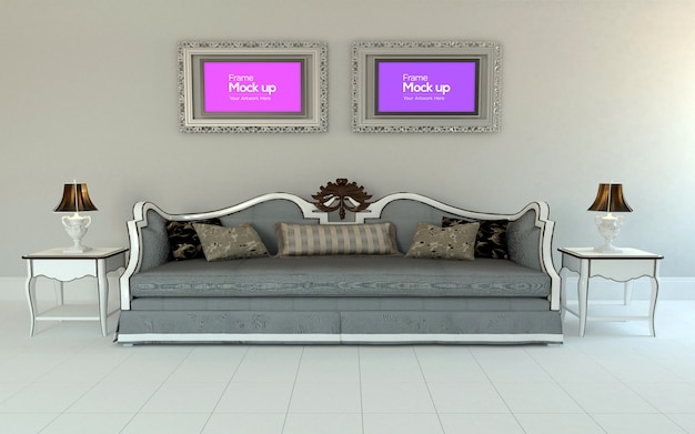 PSD Интерьер роскошная гостиная с диваном, столом и рамой макет