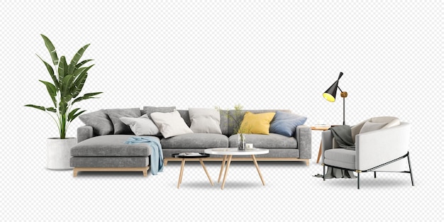 Interiør med sofa og plante i 3D-rendering