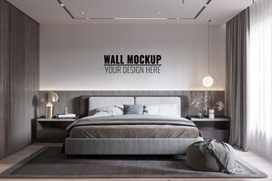 インテリアモダンな寝室の壁のモックアップ