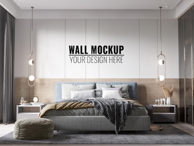 PSD インテリアモダンな寝室の壁のモックアップ
