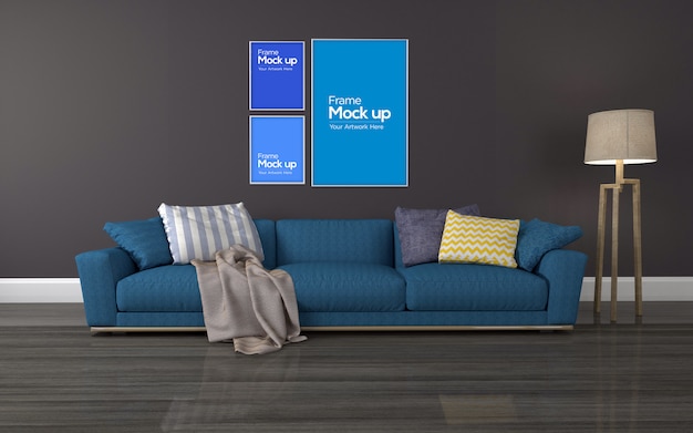 interior modern living room with red sofa and collage of frame mockup