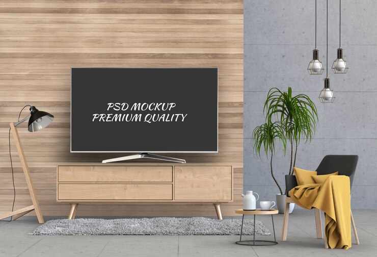PSD interior modern living room with smart tv, cabinet, and armchair.