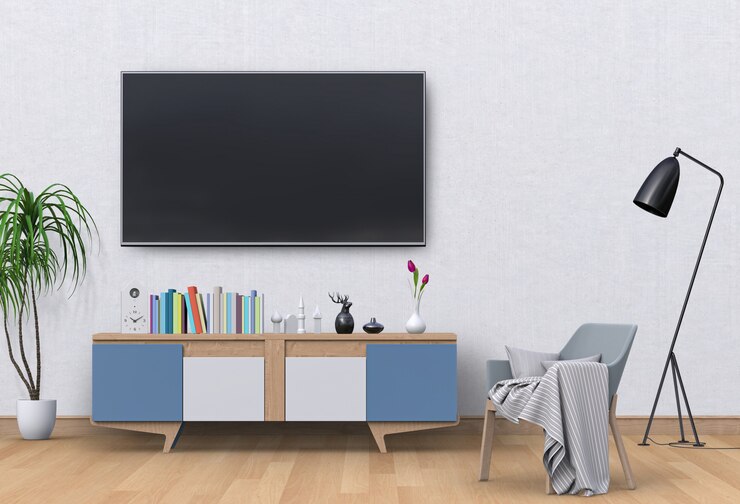 PSD interior modern living room with smart tv, cabinet, and armchair.