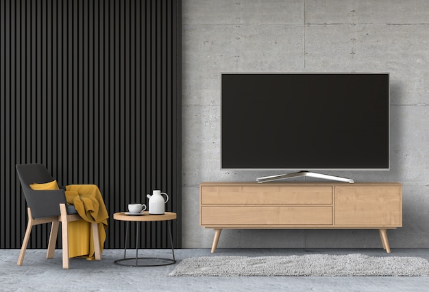 Interior modern living room with Smart TV, cabinet, and armchair.