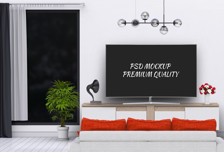 Интерьер современной гостиной с Smart TV, шкаф и диван.