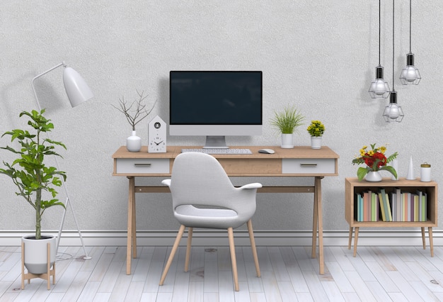 Interior modern living room workspace with desk and desktop computer