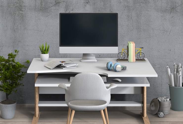 PSD interior modern living room workspace with desk and desktop computer
