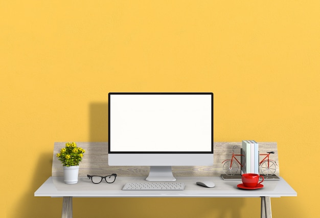 Interior modern living room workspace with desk and desktop computer