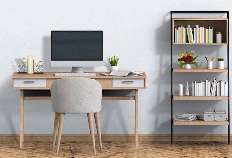 PSD interior modern living room workspace with desk and desktop computer