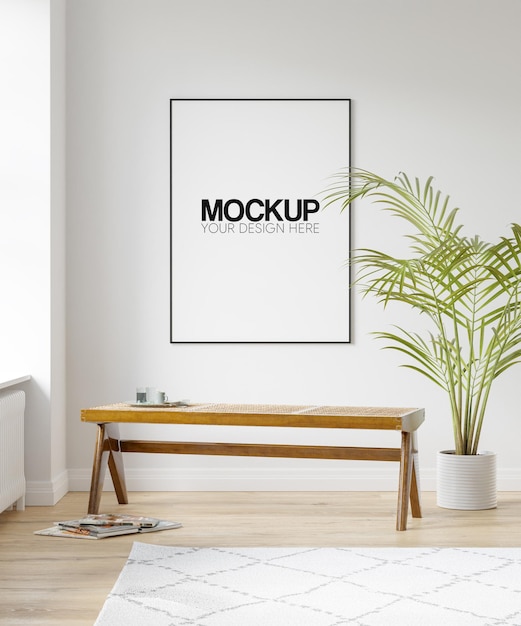 Mockup di cornice per poster interni con decorazione di mobili moderni 3d illustrazione 3d render