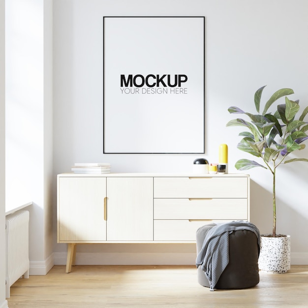 Interior poster frame mockup with modern furniture decoration