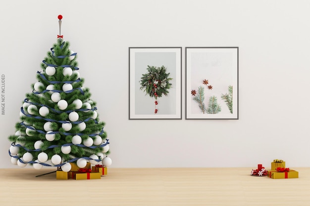 Interior poster mock up with christmas tree