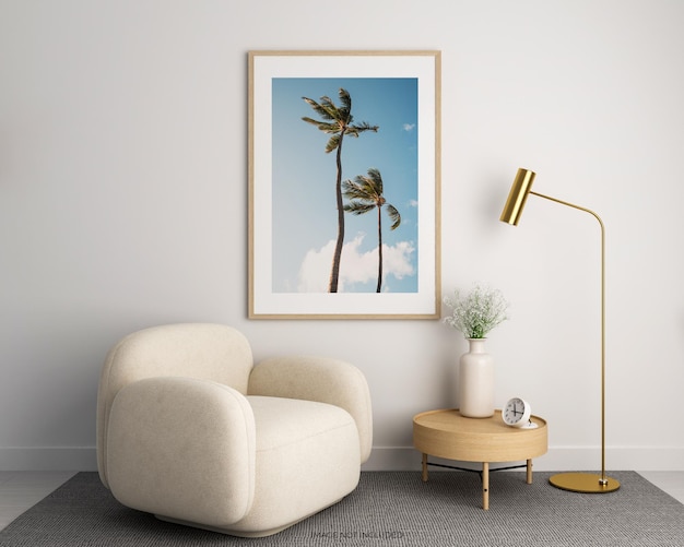 Interior poster mock up with horizontal wooden frame
