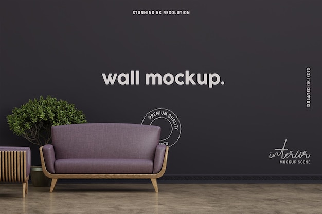 Interior wall mockup decorated with sofa and indoor plant in living room