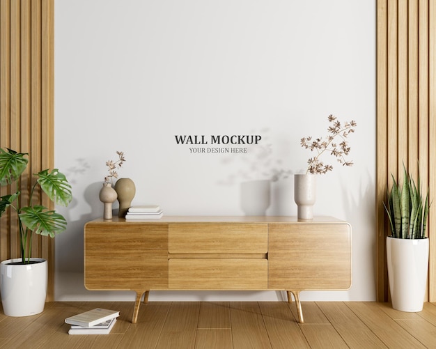 Interior wall mockup with cabinet and plants in living room with empty white wall background