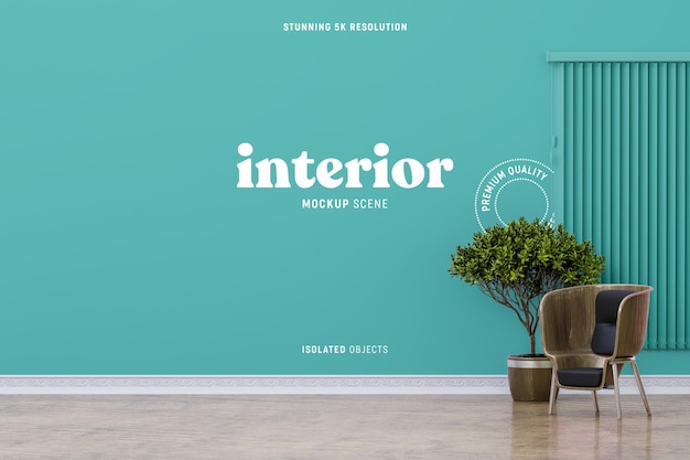 Interior wall mockup with lounge chair and indoor plant in the living room front view