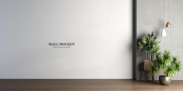 PSD interior wall mockup with plants in living room with empty white wall background