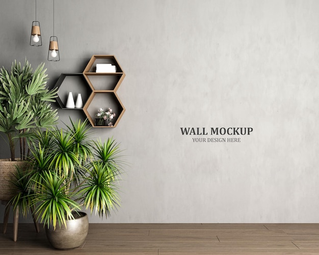 Modello di parete interna con piante in soggiorno con sfondo muro bianco vuoto
