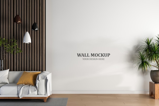 Interior wall mockup with sofa plant in living room with empty white wall background