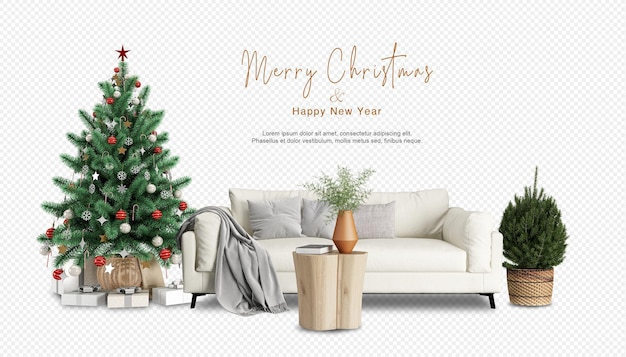 快適なソファと飾られたクリスマスツリーのあるインテリア
