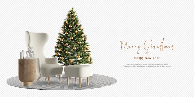 装飾されたクリスマスツリーとアームチェアのあるインテリア