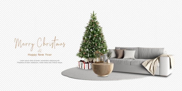 装飾されたクリスマスツリーとソファのあるインテリア