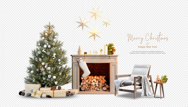 装飾されたクリスマスツリーと暖炉のあるインテリア