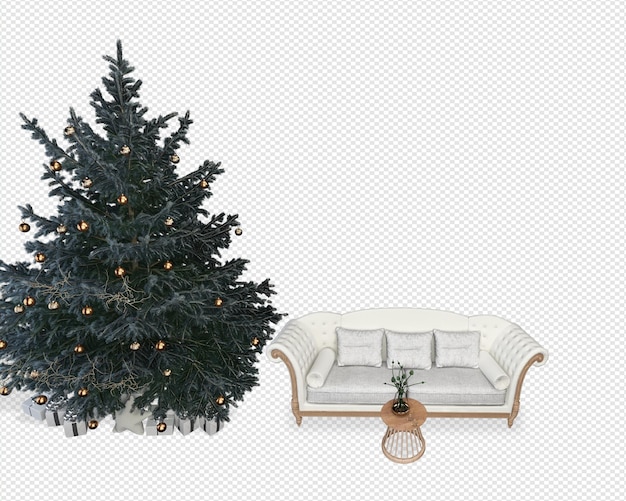 Interno con albero di natale decorato e divano
