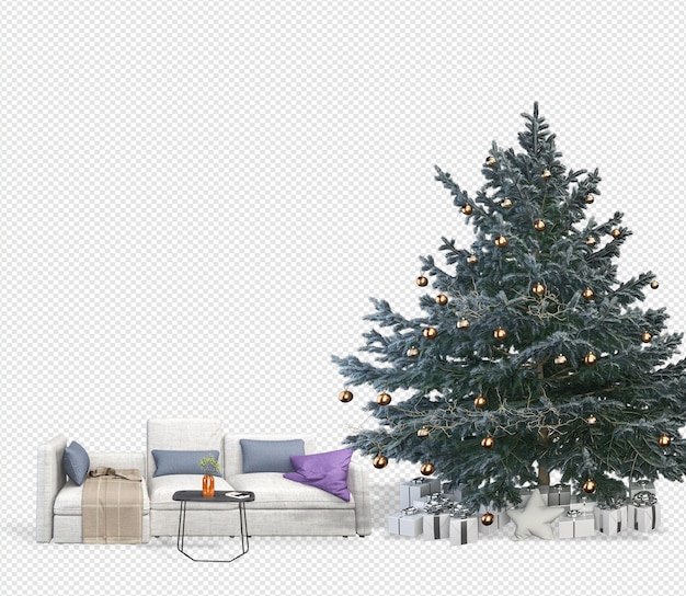 PSD interior with decorated christmas tree and sofa