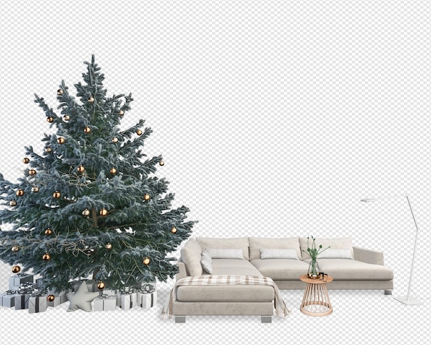 PSD interno con albero di natale decorato e divano