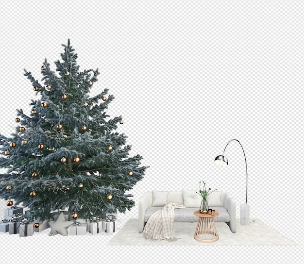 PSD interior with decorated christmas tree and sofa