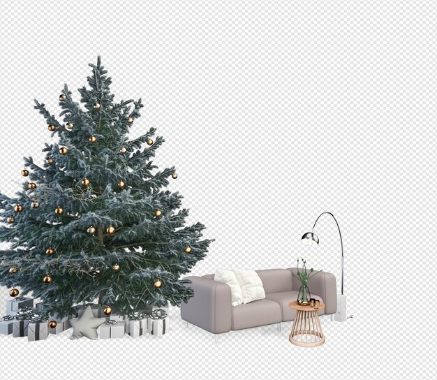 Interno con albero di natale decorato e divano