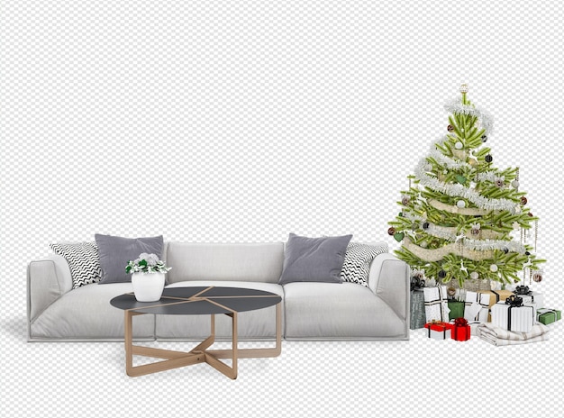 Interior with decorated christmas tree and sofa