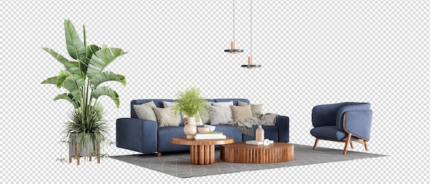 PSD con divano interno e pianta in rendering 3d.