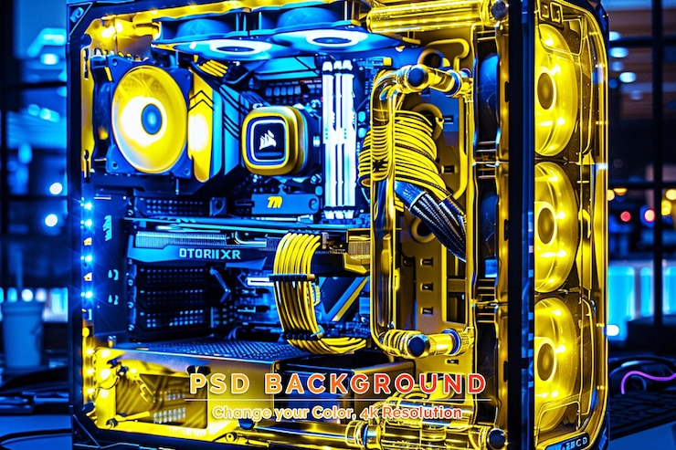 PSD interiror of a generic diy pc for gamers illuminated in blue