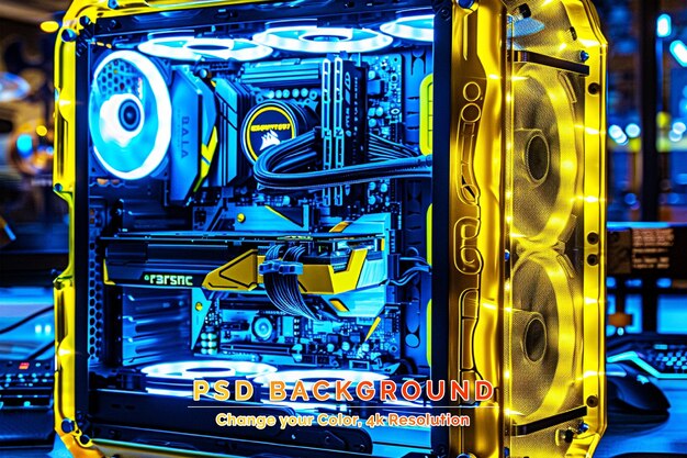 PSD interiror of a generic diy pc for gamers illuminated in blue