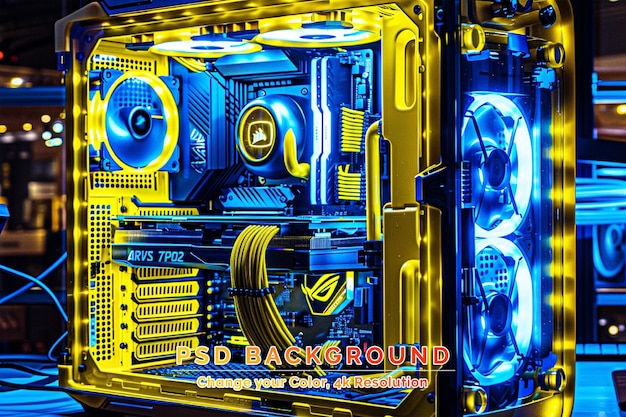 PSD interiror of a generic diy pc for gamers illuminated in blue