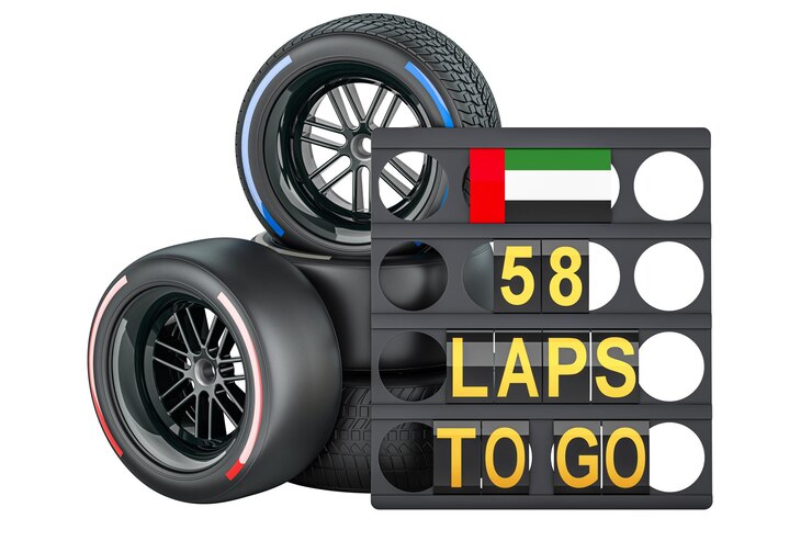PSD interlagos racing pit board with flag of the united arab emirates and racing wheels with different compounds type tyres 3d rendering isolated on transparent background