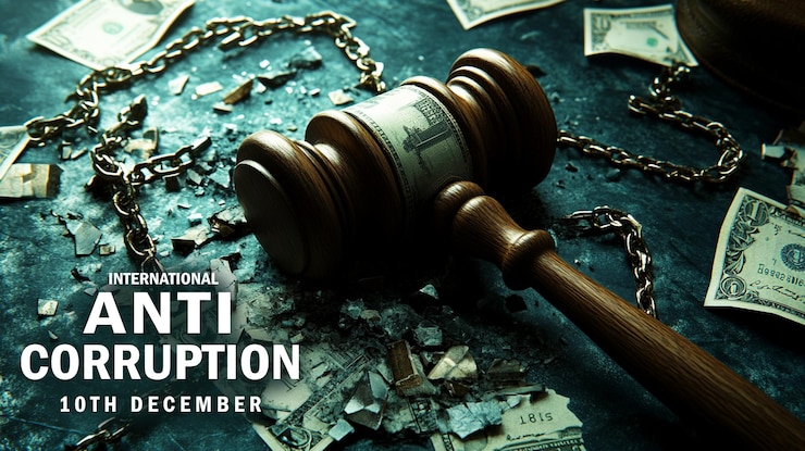 PSD international anti corruption day banner with shattered gavel on the banknotes