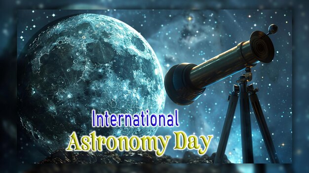 PSD international astronomy day telescope watching the sky and falling star background