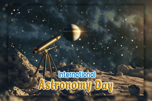 PSD international astronomy day telescope watching the sky and falling star background