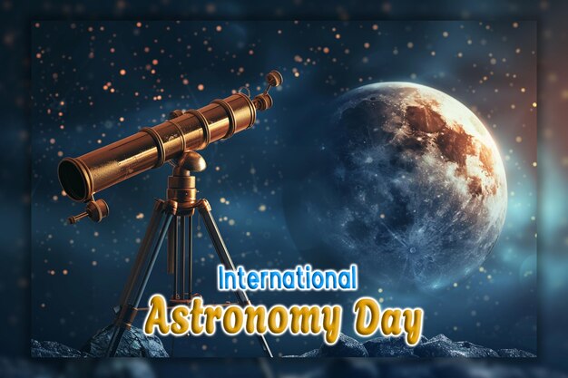 PSD international astronomy day telescope watching the sky and falling star background