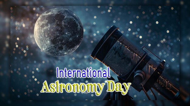 PSD international astronomy day telescope watching the sky and falling star background