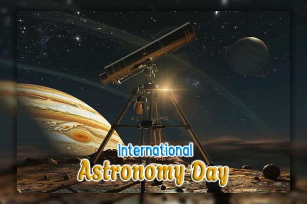 PSD international astronomy day telescope watching the sky and falling star background