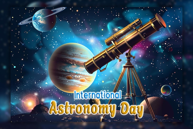 PSD Международный день астрономии телескоп наблюдает за небом и падающей звездой на заднем плане