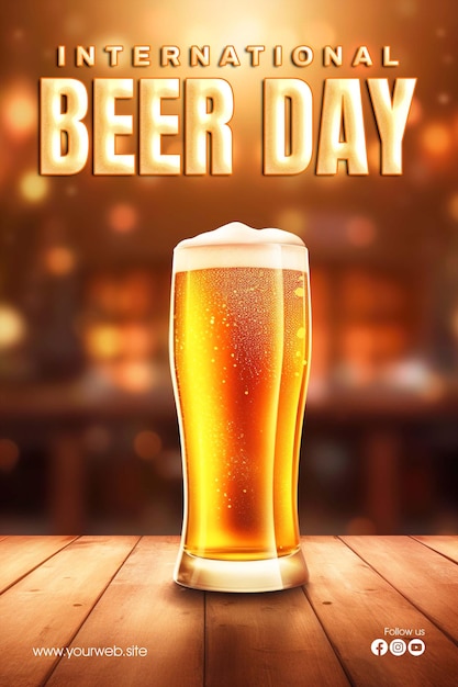 International beer day poster template design with a glass of beer background